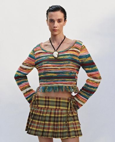  URBAN REVIVO - Áo dệt kim nữ tay dài phối tua rua 