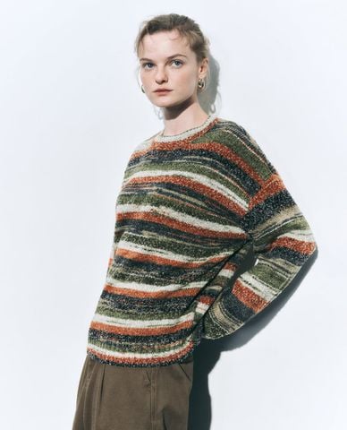  URBAN REVIVO - Áo dệt kim nữ cổ tròn tay dài kẻ sọc 