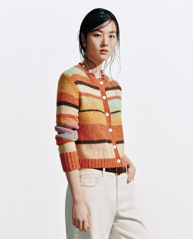  URBAN REVIVO - Áo khoác cardigan nữ tay dài sọc ngang 