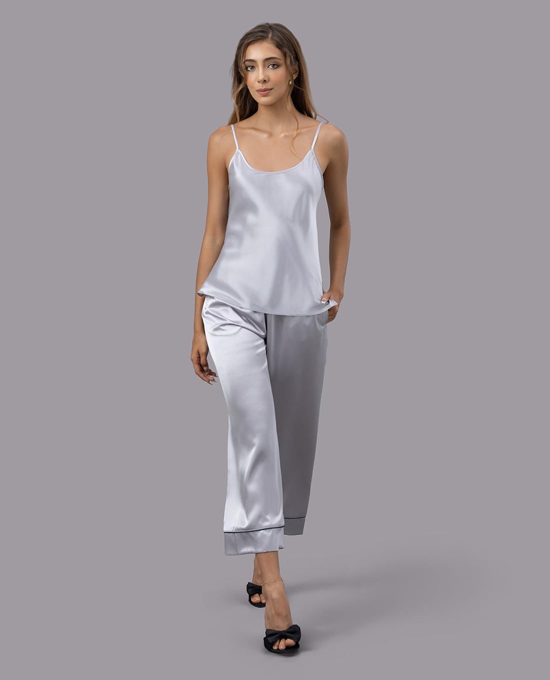 VERA - Bộ quần áo nữ dài mặc nhà satin trơn hai dây