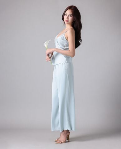  VERA BY CHIPU - Bộ quần áo nữ dài mặc nhà satin trơn phối ren 