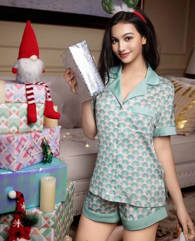 VERA - Bộ pijama ngắn nữ tay ngắn satin in 