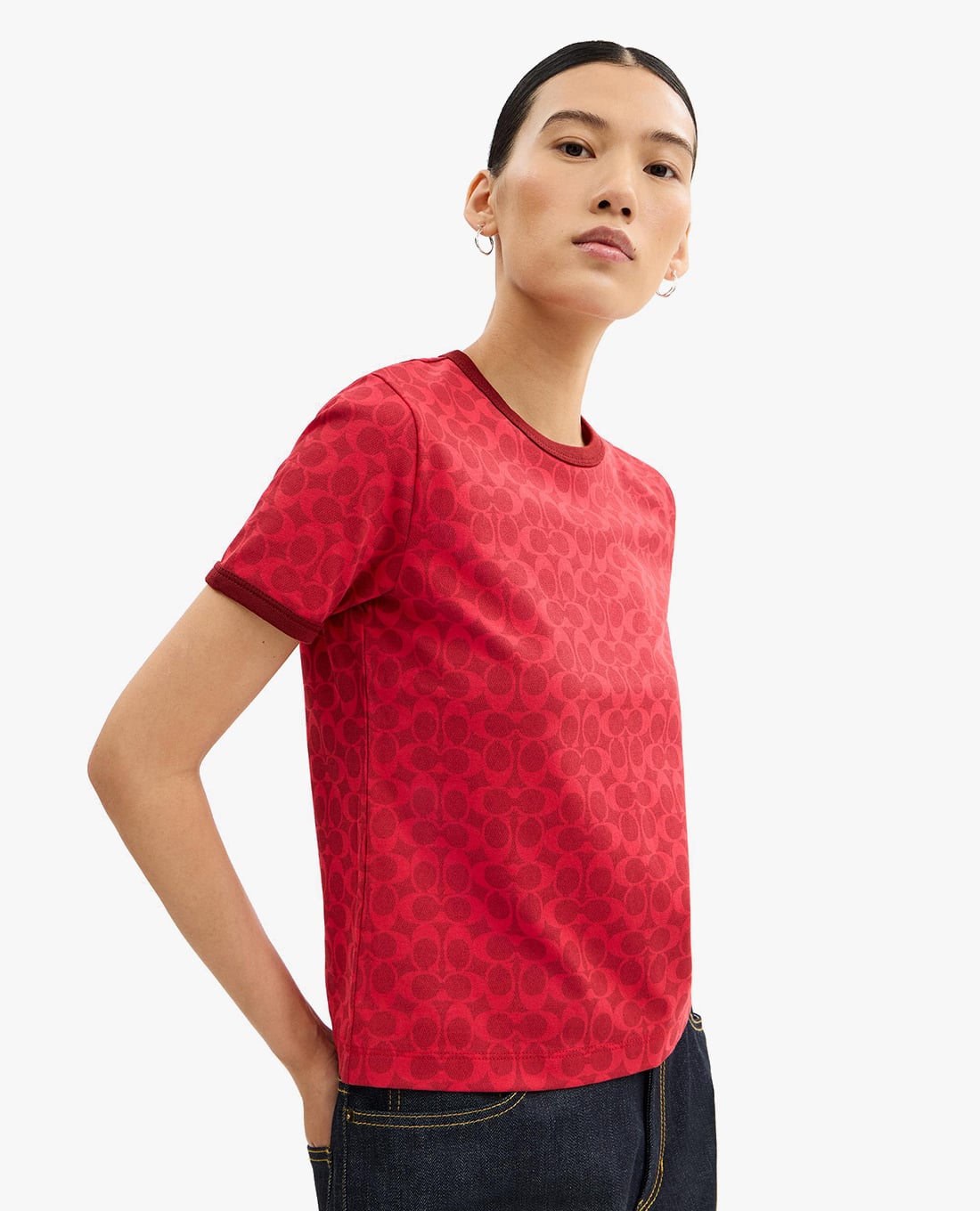 COACH - Áo thun nữ cổ tròn tay ngắn Signature Ringer