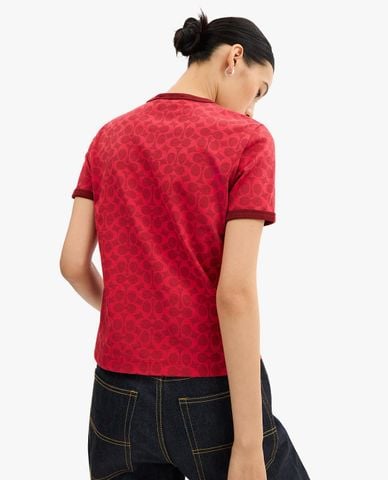  COACH - Áo thun nữ cổ tròn tay ngắn Signature Ringer 