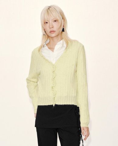  URBAN REVIVO - Áo khoác cardigan nữ cổ V tay dài bèo nhún 