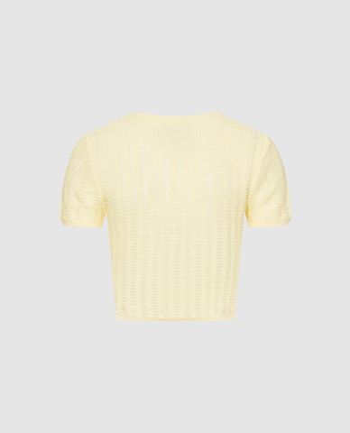  URBAN REVIVO - Áo dệt kim nữ cổ tròn tay ngắn phối nút 