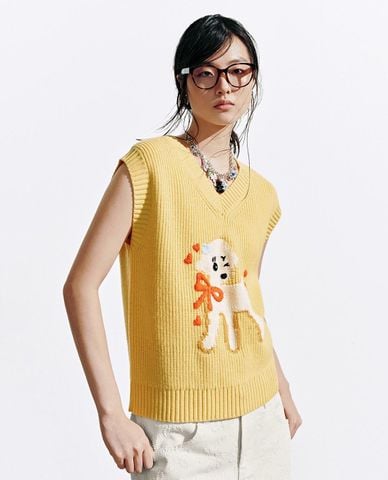  URBAN REVIVO - Áo khoác gilet nữ dệt kim cổ tròn 