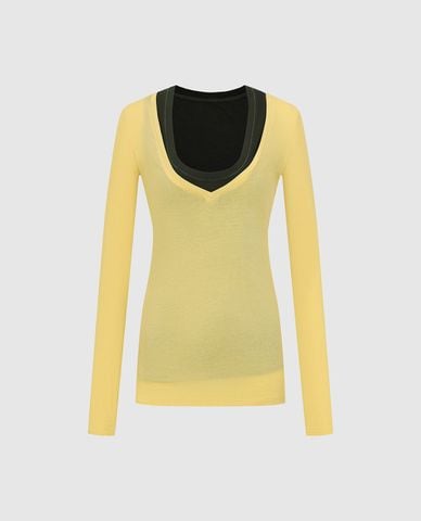  URBAN REVIVO - Áo dệt kim nữ cổ chữ U tay dài phối layer 