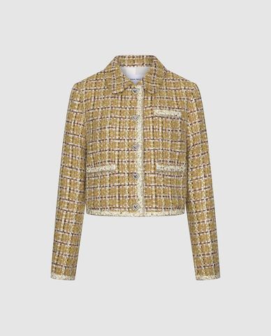  URBAN REVIVO - Áo khoác tweed nữ cổ tròn tay dài phom croptop 