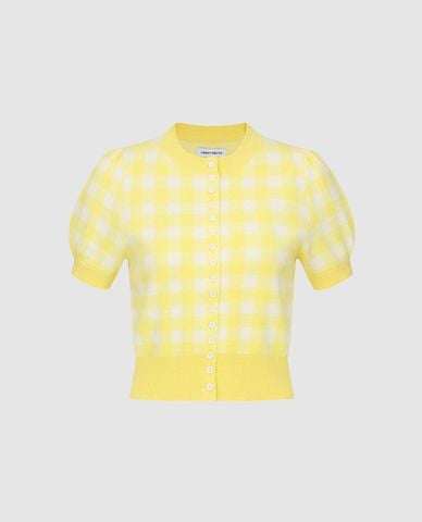  URBAN REVIVO - Áo dệt kim nữ cổ tròn tay bồng họa tiết caro 