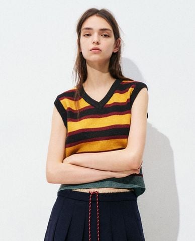  URBAN REVIVO - Áo khoác gilet nữ dệt kim cổ V kẻ sọc 