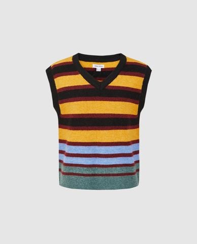  URBAN REVIVO - Áo khoác gilet nữ dệt kim cổ V kẻ sọc 