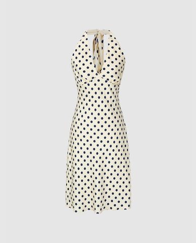  URBAN REVIVO - Đầm midi cổ yếm họa tiết chấm bi 