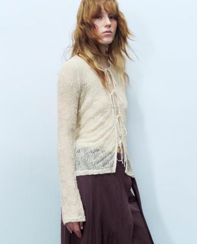  URBAN REVIVO - Áo kiểu nữ tay dài xuyên thấu buộc dây 