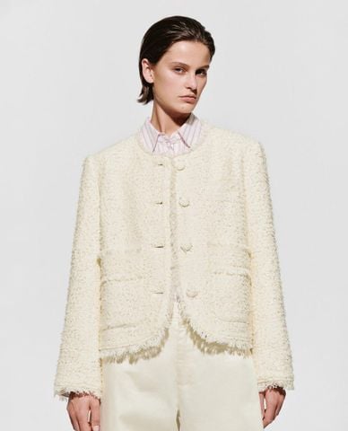  URBAN REVIVO - Áo khoác tweed nữ cổ tròn viền tua rua 