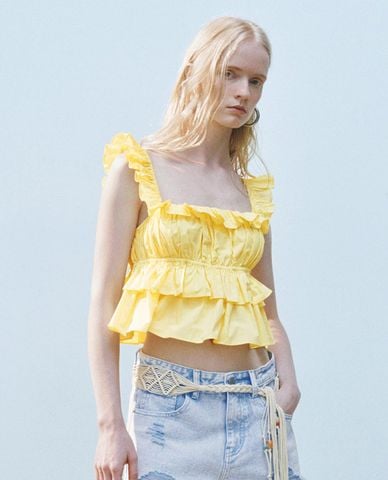  URBAN REVIVO - Áo hai dây nữ cổ vuông phối bèo 