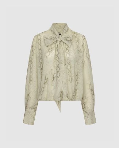  URBAN REVIVO - Áo sơ mi nữ tay dài cổ buộc nơ họa tiết da rắn 