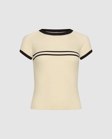  URBAN REVIVO - Áo dệt kim nữ cổ tròn tay ngắn phối sọc 