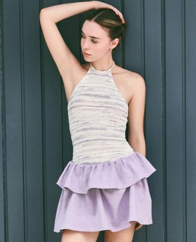  DEZUS - Set áo cổ yếm và chân váy xếp tầng Yroye 