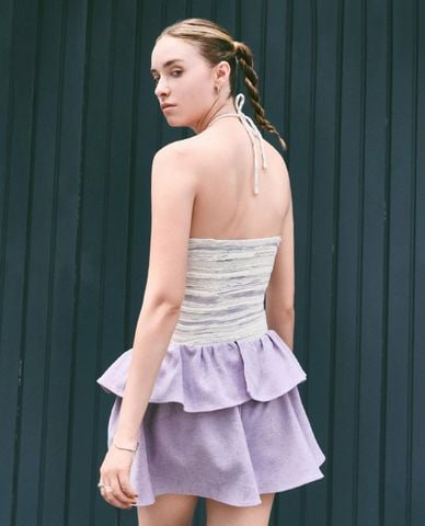  DEZUS - Set áo cổ yếm và chân váy xếp tầng Yroye 