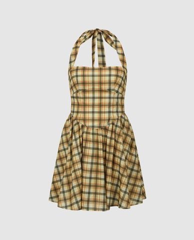  URBAN REVIVO - Đầm mini cổ yếm họa tiết kẻ caro 