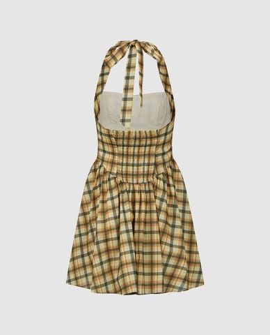  URBAN REVIVO - Đầm mini cổ yếm họa tiết kẻ caro 