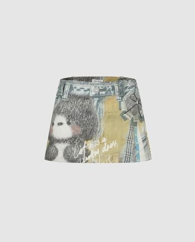  URBAN REVIVO - Chân váy denim mini họa tiết nghệ thuật 
