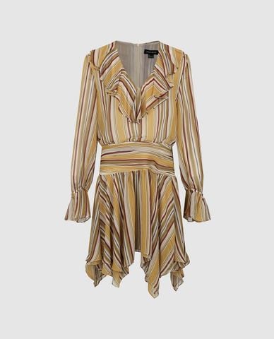  URBAN REVIVO - Đầm mini cổ V tay dài kẻ sọc bèo nhún 