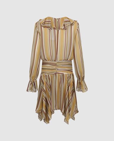  URBAN REVIVO - Đầm mini cổ V tay dài kẻ sọc bèo nhún 