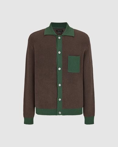  URBAN REVIVO - Áo khoác dệt kim nam cổ bẻ tay dài phối túi 