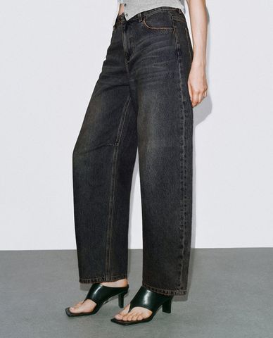  URBAN REVIVO - Quần jeans nữ ống rộng wash bạc 
