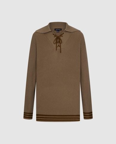  URBAN REVIVO - Áo dệt kim nam cổ bẻ tay dài phối dây rút 