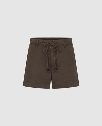  URBAN REVIVO - Quần short jeans nữ ống rộng phối dây rút 