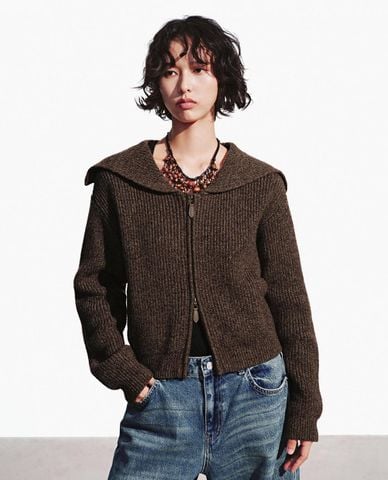  URBAN REVIVO - Áo khoác cardigan nữ cổ rộng khóa kéo 