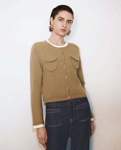  URBAN REVIVO - Áo khoác cardigan nữ cổ tròn phối viền 