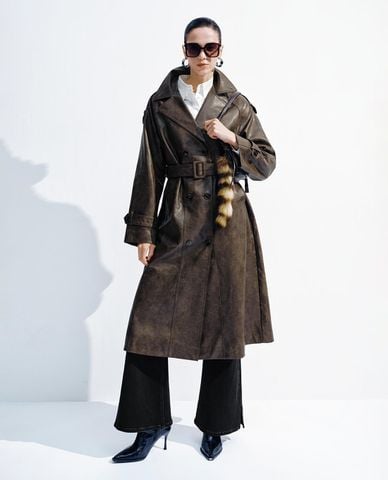  URBAN REVIVO - Áo khoác măng tô nữ dáng dài da bóng 