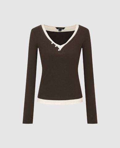  URBAN REVIVO - Áo dệt kim nữ cổ V tay dài phối layer 