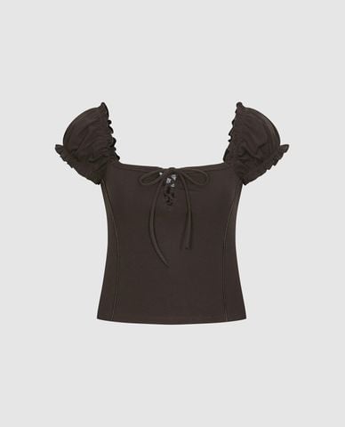  URBAN REVIVO - Áo kiểu nữ tay bồng thắt dây 