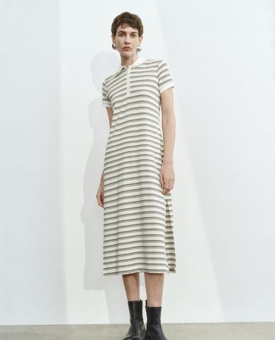 URBAN REVIVO - Đầm polo midi tay ngắn kẻ sọc 
