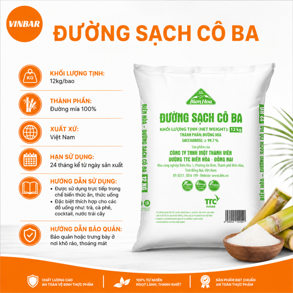 ĐƯỜNG SẠCH CÔ BA BIÊN HÒA 12KG (BAO) - ĐƯỜNG CÁT TRẮNG