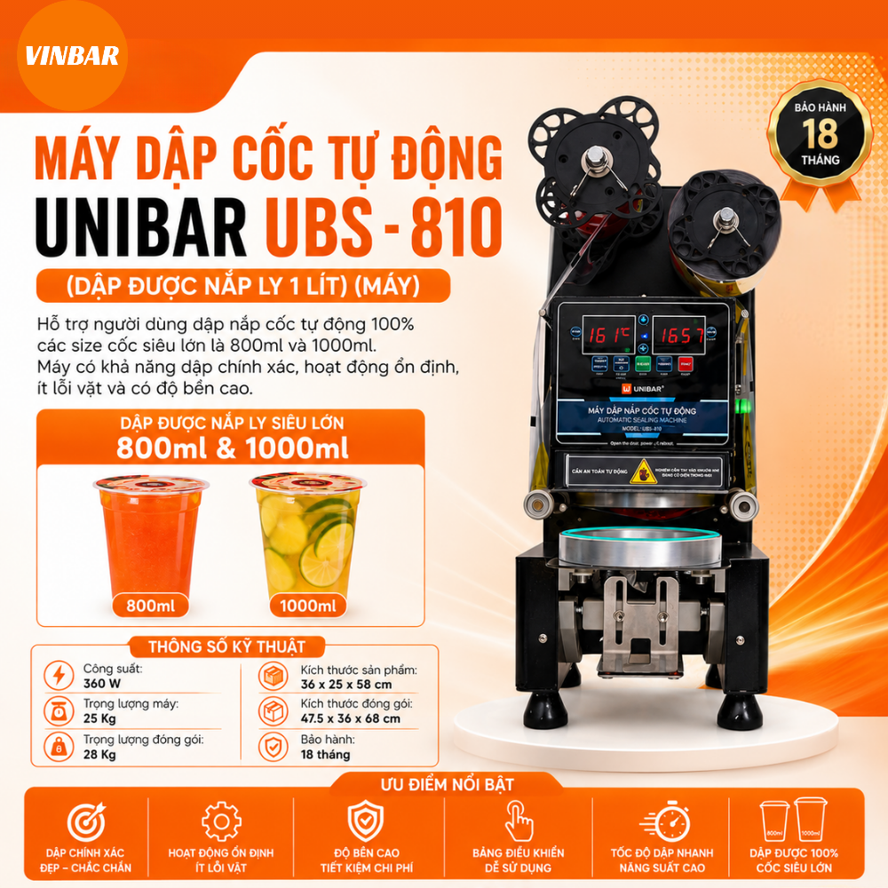 MÁY DẬP CÔC TỰ ĐỘNG UNIBAR UBS - 810 (DẬP ĐƯỢC NẮP LY 1 LÍT) (MÁY)