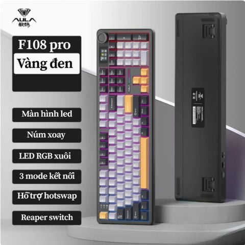 BÀN PHÍM CƠ AULA F108 PRO (VÀNG ĐEN XÁM ) HOTSWAP - LED RGB - 3 Mode Kết Nối - NEW