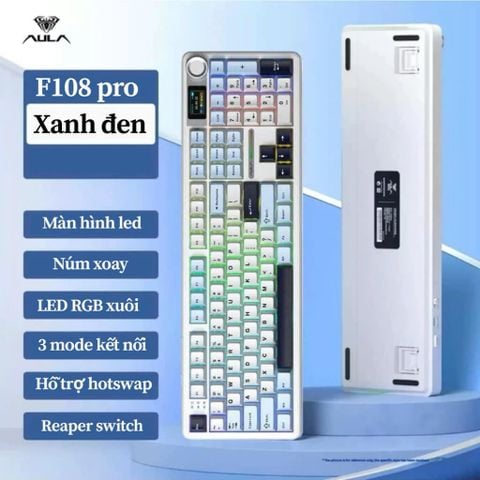 BÀN PHÍM CƠ AULA F108 PRO (TRẮNG XANH ĐEN) HOTSWAP - LED RGB - 3 Mode Kết Nối - NEW