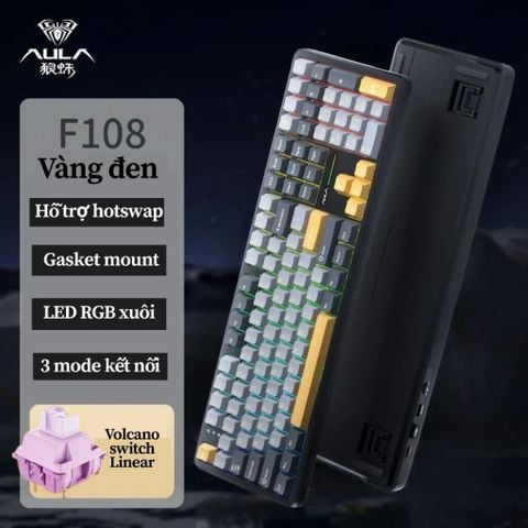BÀN PHÍM CƠ AULA F108 (VÀNG ĐEN XÁM) HOTSWAP - LED RGB - 3 Mode Kết Nối - NEW