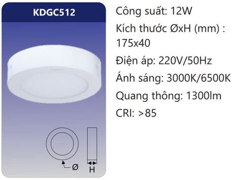  ĐÈN GẮN NỔI TRÒN LED 12W DUHAL KDGC512 