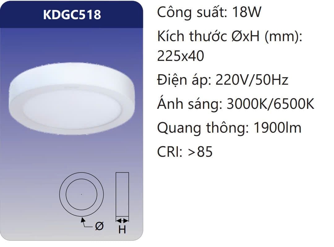 ĐÈN GẮN NỔI TRÒN LED 18W DUHAL KDGC518