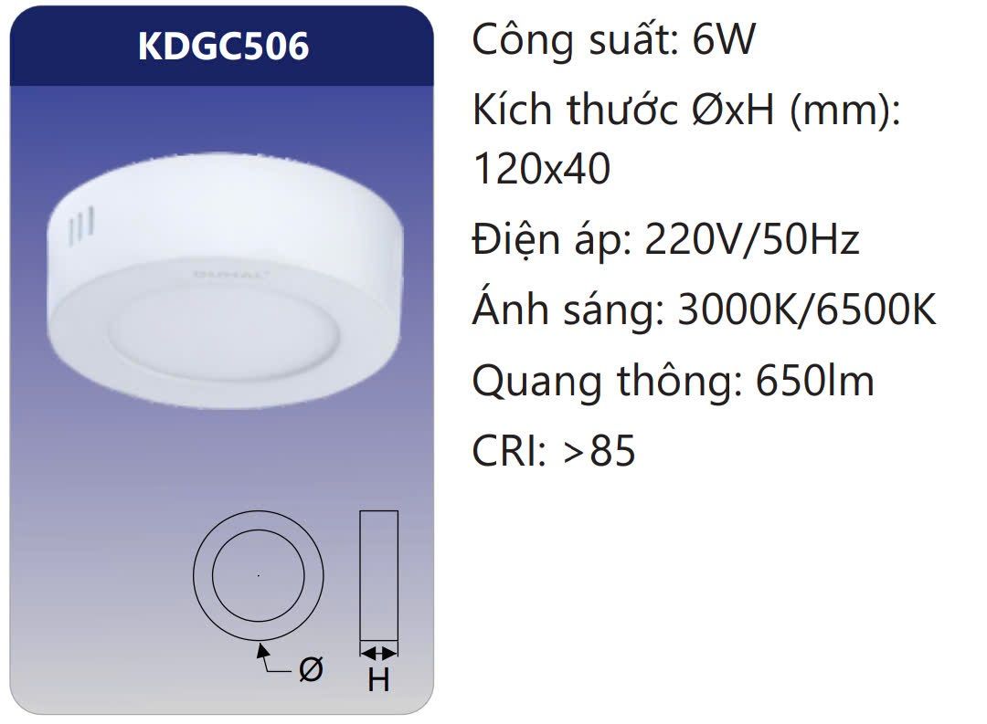 ĐÈN GẮN NỔI TRÒN LED 6W DUHAL KDGC506