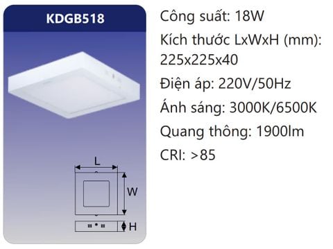  ĐÈN GẮN NỔI VUÔNG LED 18W DUHAL KDGB518 
