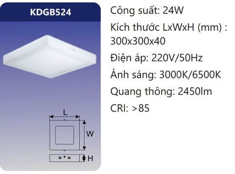  ĐÈN GẮN NỔI VUÔNG LED 24W DUHAL KDGB524 