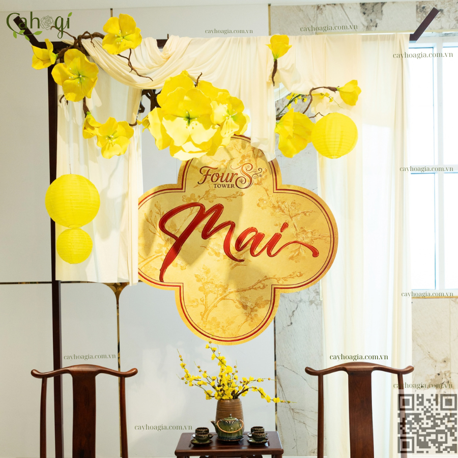 Thi Công Cây Hoa Mai Gỗ Lũa Và Booth Chụp Hình Sự Kiện Fours Tower 1